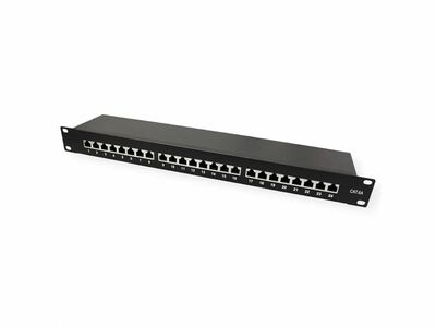 19" Patch panel 24port cat.6a, tienený s uzemnením, celokovový, 1U, čierny