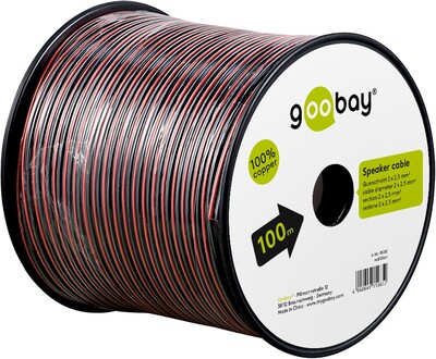 Reproduktorový kábel audio 2x2.5mm², 100m, meď, OFC (99,9% oxygen-free copper), červeno/čierny