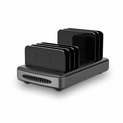 Nabíjačka USB 230V 6port, 3xUSB A, 3x USB Typ C, 160W, úložné prepážky, s adaptérom, čierna