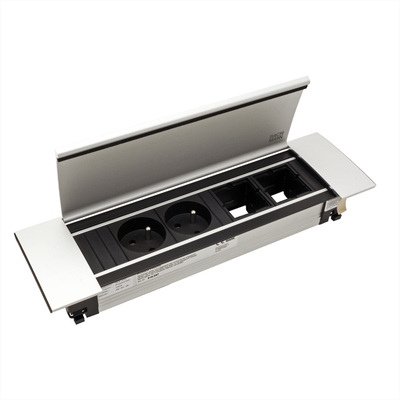 Power Frame Cover 4-pozície, 300x88x42mm, hliníkový kryt, eloxovaný/strieborný, zvnútra čierny