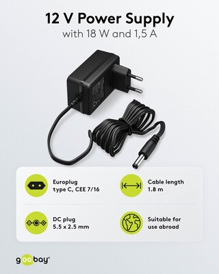 Adaptér NTS 1500mA, Univerzálny 12V, 18W, 1.8m kábel, Konektor DC 5.5x2.5, čierny