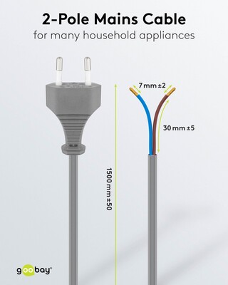 Kábel sieťový 230V, 2pin vidlica (CEE7/16) priama - dutinky, 1.5m, 0.75mm², 2.5A, surový, sivý