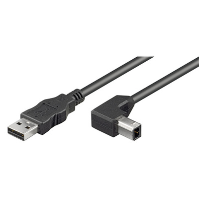 Kábel USB 2.0 A-B M/M 2m, High Speed, čierny, zahnutý 90°