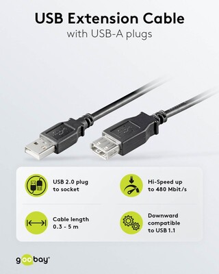 Kábel USB 2.0 A-A M/F 5m, High Speed, predlžovací, čierny