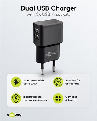 Nabíjačka USB 230V 2port, 2xUSB A, 2.4A, 12W, čierna