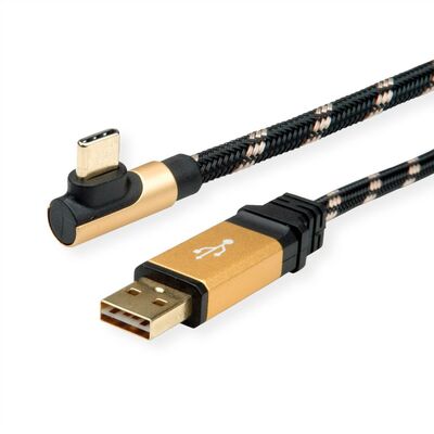 Kábel USB 2.0 Typ C AM/CM 1.8m, High Speed, čierny/zlatý, Gold, pozl. konektor, zahnutý 90°