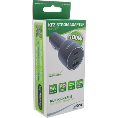 Nabíjačka USB do auta Power Delivery, 2xUSB C + QC USB A, max 5A 100W, čierna