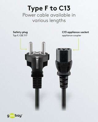 Kábel sieťový 230V, vidlica (CEE7/7) priama - C13, 1.8m, 0.75mm², 10A, čierny