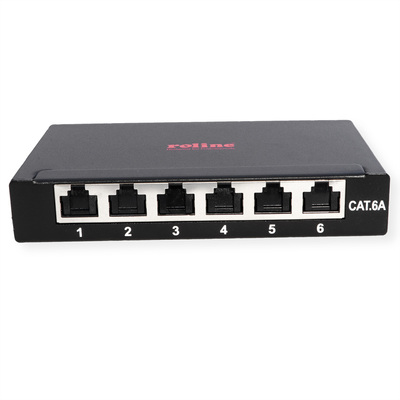 Patch panel 8port cat.6a, tienený s uzemnením, celokovový, montáž na stenu, 0.5U, čierny