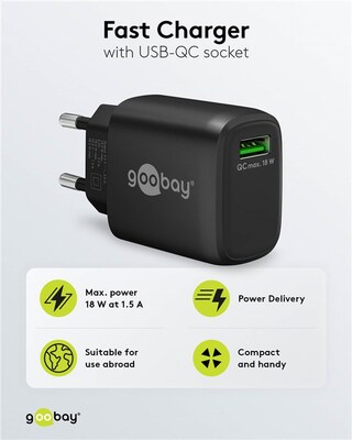 Nabíjačka USB 230V 1 port, 1xUSB A QC 3.0, 18W, čierna