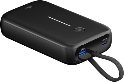 Power Bank 20000mAh, QC 3.0, LED display, zabudovaný kábel USB Typ C 0.13m, 12x7x3cm, čierna