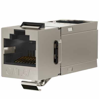 Konektor Keystone cat.6a, tienený, strieborný, SPOJKA RJ45, zahnutý 90°