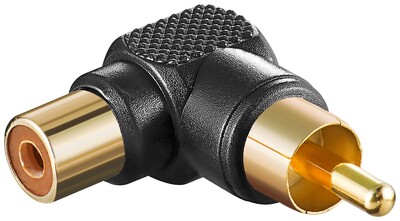 Adaptér Cinch (RCA) M/F, čierny, plastový, pozl. konektor, zahnutý 90°, 10ks/bal