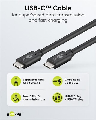 Kábel USB 3.2 Gen 1, Typ C CM/CM 1m, 5Gbps, PD 60w 20V3A, čierny