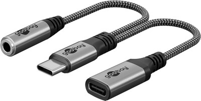 Adaptér USB 3.1 Typ C / 3,5mm (slúchadlá) + USB Typ C (PD 60W), 15cm, sivý/čierny