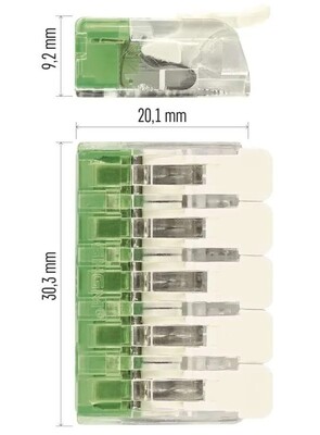 Spojka páčková, svorka bezskrutková, 5-pólová, 0.2-4.0mm², priehľadná, 10 ks/bal