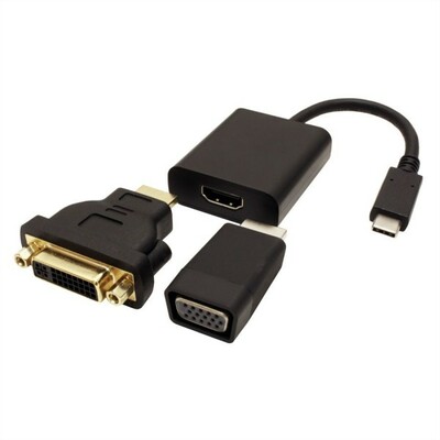 Adaptér USB 3.1 Typ C na HDMI, M/F, + adapt. HDMI na VGA + reduk. HDMI na DVI M/F, čierny 10cm