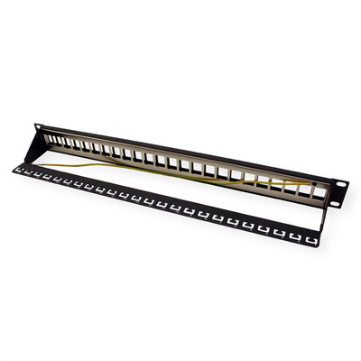 19" Patch panel 24port Keystone, tienený s uzemnením, celokovový, 1U, čierny