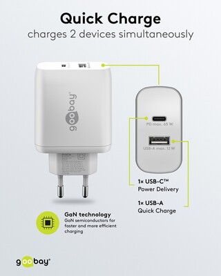 Nabíjačka USB 230V 2port, 1xUSB A 2.0, 1xUSB C (Power Delivery), 65W, GaN, biela