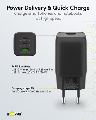 Nabíjačka USB 230V 3port, 1xUSB A, 2xUSB Typ C, 65W, Power Delivery, GaN, čierna