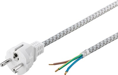 Kábel sieťový 230V, vidlica (CEE7/7) priama - dutinky, 3m, 1.00mm², 16A, surový, textilný, sivý