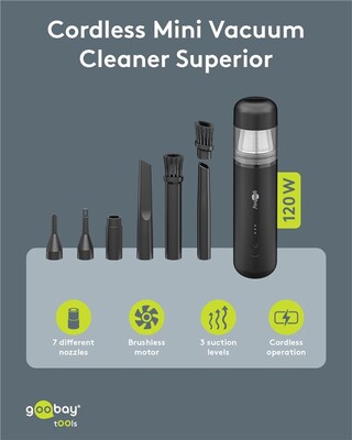 Bezdrôtový mini vysávač Superior, 120W, 7 trysiek a 3 kefky na čistenie kancelárskych potrieb a auta