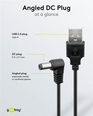 Kábel USB napájací 0.5m na 2.1mm vnútorný / 5.5mm vonkajší jack (zahnutý), čierny