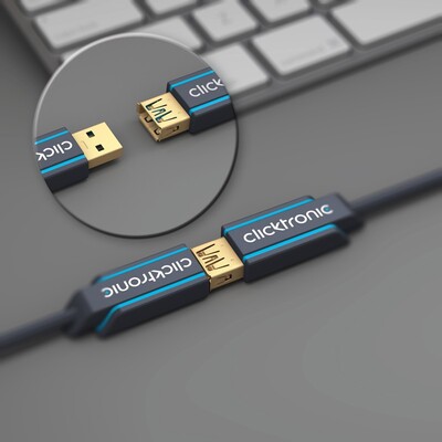 Kábel USB 3.2 Gen 1, A-A M/F 3m, 5Gbps, predlžovací, modrý, ClickTronic, pozl. konektor