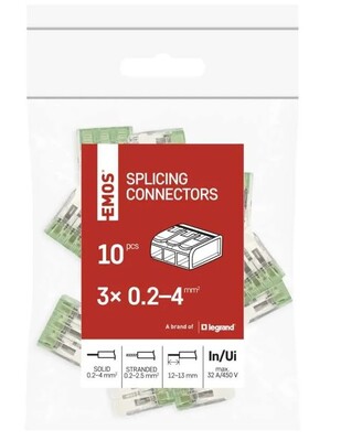 Spojka páčková, svorka bezskrutková, 3-pólová, 0.2-4.0mm², priehľadná, 10 ks/bal