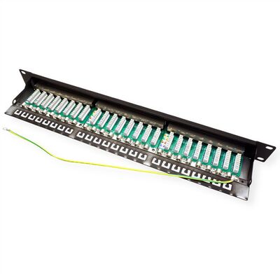 19" Patch panel 24port cat.6a, tienený s uzemnením, celokovový, 1U, čierny