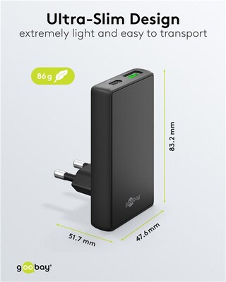 Nabíjačka USB 230V 2port, 1xUSB A, 1x USB Typ C, 65W, Power Delivery, Quick Charge 3.0, plochá, čier