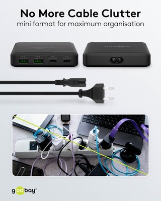 Nabíjačka USB 230V 4port, 2xUSB A, 2xUSB Typ C, 65W, PD, QC 3.0, kábel (C7) 1.5m, GaN, čierna