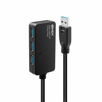 Kábel USB 3.2 Gen 1, A-A M/F 10m, 5Gbps, predlžovací, čierny, aktívny, 4port HUB s adapt., PRO, reťa