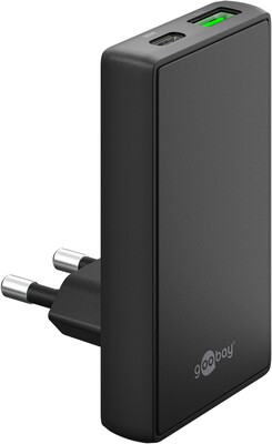 Nabíjačka USB 230V 2port, 1xUSB A, 1x USB Typ C, 65W, Power Delivery, Quick Charge 3.0, plochá, čier