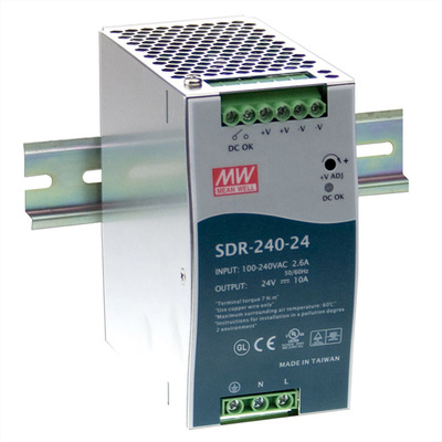 Napájací zdroj MEAN WELL SDR-240-24, montáž na DIN, 240W, 24V DC, 63x125.2x113.5 mm