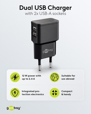Nabíjačka USB 230V 2port, 2xUSB A, 2.4A, 12W, kábel USB AM/Micro-B 1m v balení, čierna