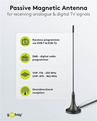 Anténa mini DVB-T2, passívna, 3 / 6 dBi, 174 - 230 MHz a 470 - 862 MHz, konenktor TV