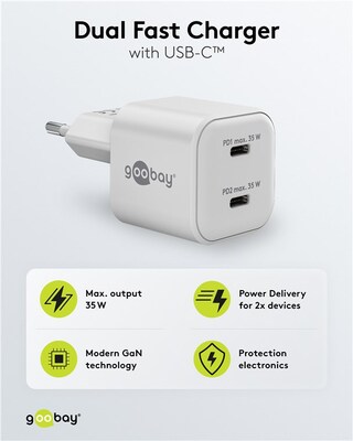 Nabíjačka USB 230V 1port, 2x Typ C, 35W, Power Delivery, Fast Charge, Nano, GaN, čierna
