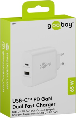 Nabíjačka USB 230V 2port, 1xUSB A 2.0, 1xUSB C (Power Delivery), 65W, GaN, biela