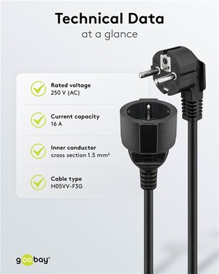 Predlžovačka 2m s 1 zásuvkou SCHUKO, 1.5mm², čierna