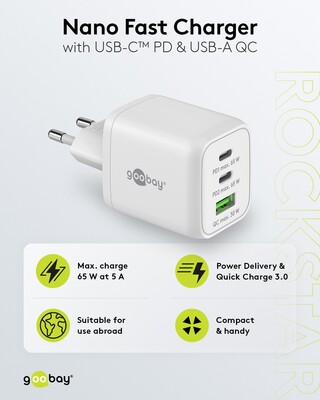 Nabíjačka USB 230V 3port, 1xUSB A, 2xUSB Typ C, 65W, Power Delivery, GaN, biela