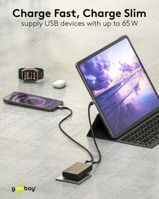 Nabíjačka USB 230V 2port, 1xUSB A, 1x USB Typ C, 65W, Power Delivery, Quick Charge 3.0, plochá, čier