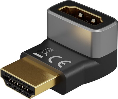 Uhlový adaptér HDMI M/F 90°, smerom dole, 8K@60Hz, čierny/sivý, pozl. kon.