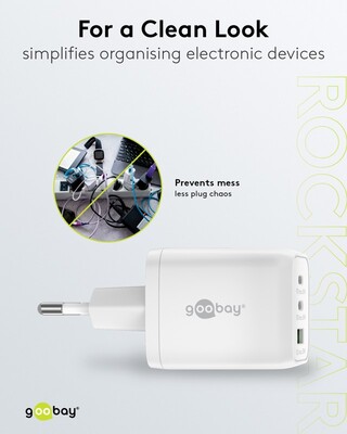 Nabíjačka USB 230V 3port, 1xUSB A, 2xUSB Typ C, 65W, Power Delivery, GaN, biela