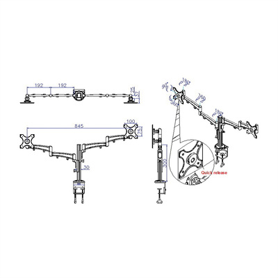 Držiak pre 2x monitor na stôl, úchyt o dosku, max 5kg, rameno 350mm, VESA 75/100, sivý
