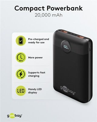 Power Bank Compact 20000mAh, QC 3.0, LED display, kábel USB Typ C 0.3m, 10.9x7x2.8cm, čierna