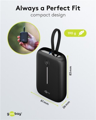 PowerBank 10000mAh, QC 3.0, LED display, zabudovaný kábel USB Typ C 0.13m, 8x6x3cm, čierna