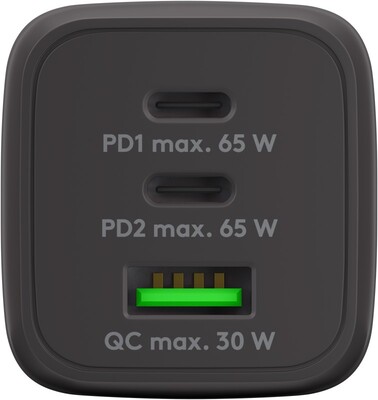 Nabíjačka USB 230V 3port, 1xUSB A, 2xUSB Typ C, 65W, Power Delivery, GaN, čierna