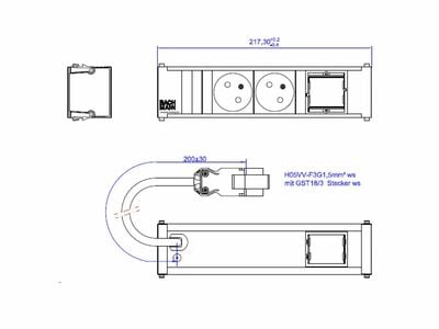 CONI 2xUTE 230V, 1xCustom, 0.2m kábel 1.5mm², GST18, biely