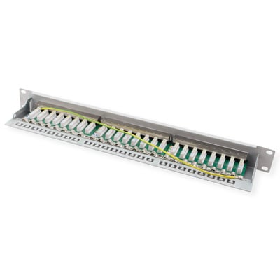 19" Patch panel 24port cat.6a, tienený s uzemnením, celokovový, 1U, sivý